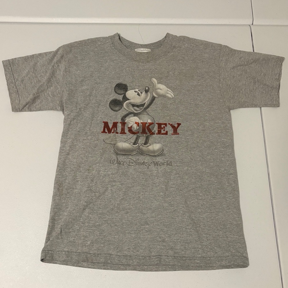 Vintage Disney Mickey Mouse Gray Graphic T-Shirt Walt Disney World Kids C5